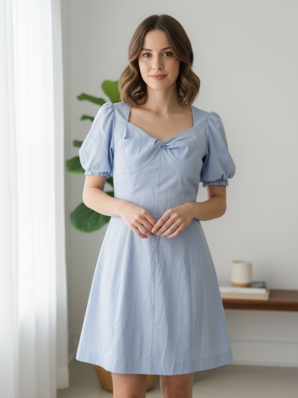 NWT Mark Fast  Light Blue Puff Sleeve Twist Front Cutout Back Mini Dress Medium